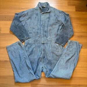 Men's Vintage 80's Key Imperial Distressed Blue Railroad Coveralls Jumpsuit 48
